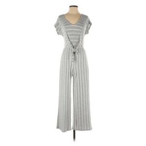 Caution To The Wind Sz L Jumpsuit Gray White Striped V Neck Stretch Soft